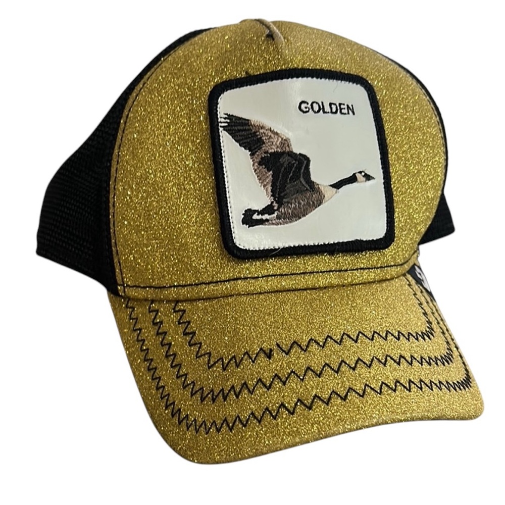 Golden Glitter Trucker Hat with Goose Patch -